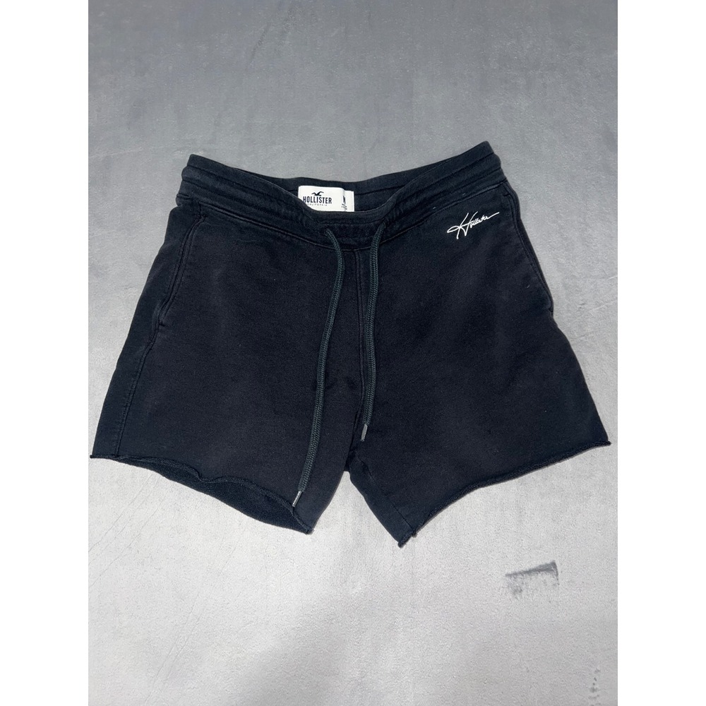Hollister Mens Black Sweat Shorts Drawstring Raw Hem Embroidered Logo Size M
